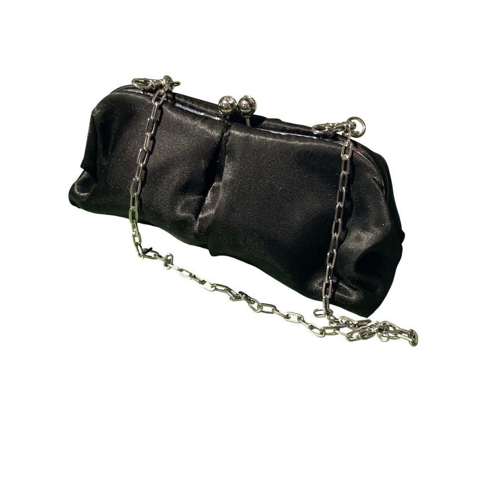 Nine West Black Satin Pleated Evening Clutch Rhinestone Kiss Lock Chain Strap